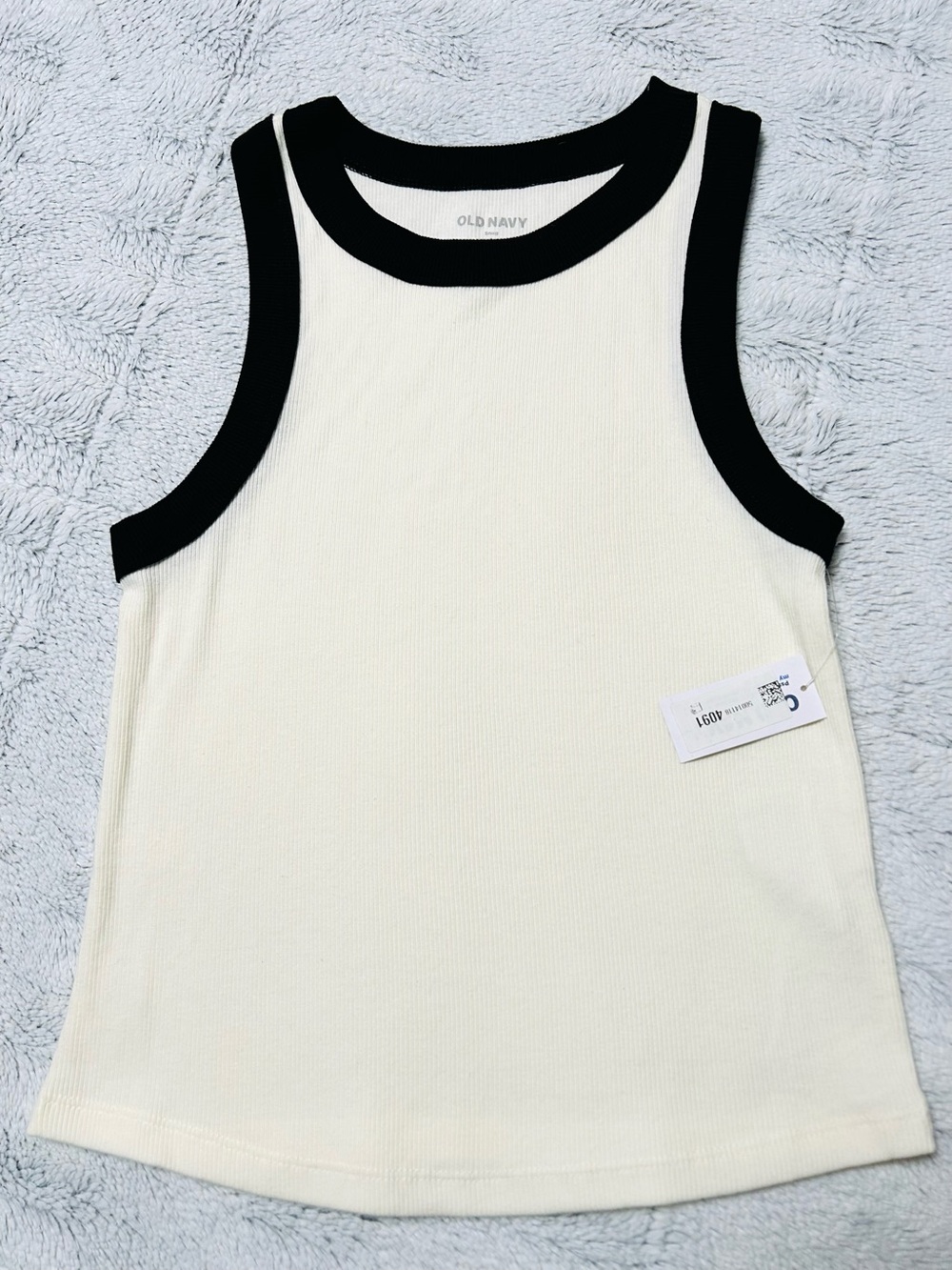 Women Old Navy Tank Top Cream White Ribbed Crew Neck Contrast Trim Size S NEW